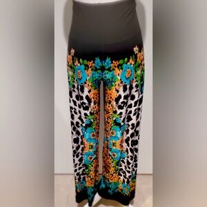 Eva Varro Black, Turquoise and Coral Floral and Leopard Print Wide-Leg Pant, L